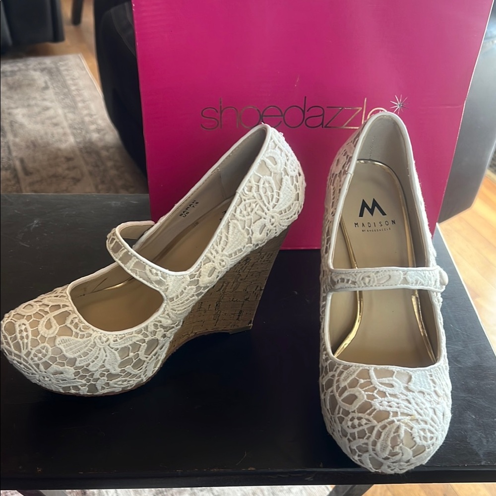 Madison White Lace Wedge Shoes